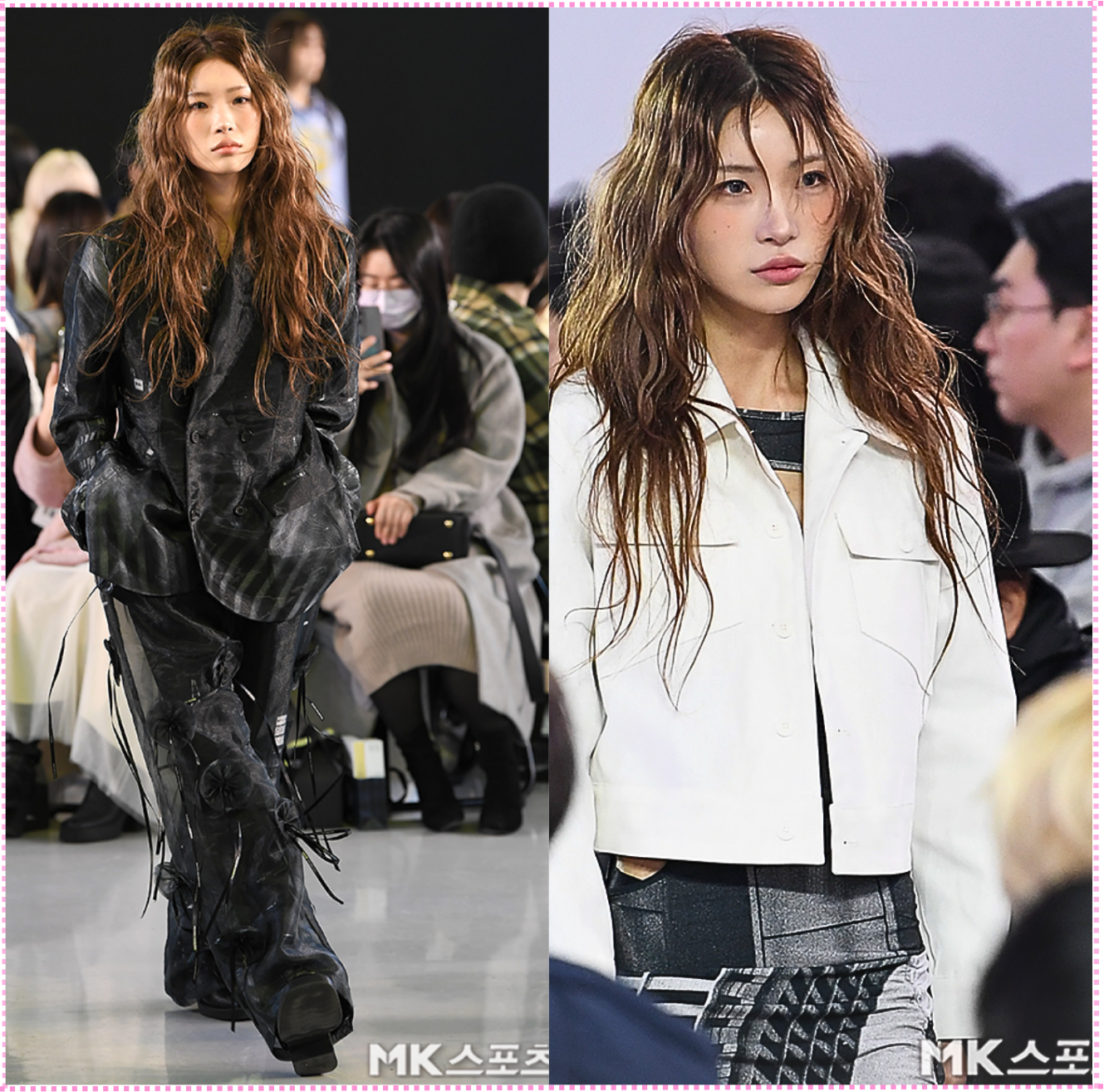 Choi Jun-hee walking the runway during Seoul Fashion Week, wearing a white crop jacket and patchwork pants.