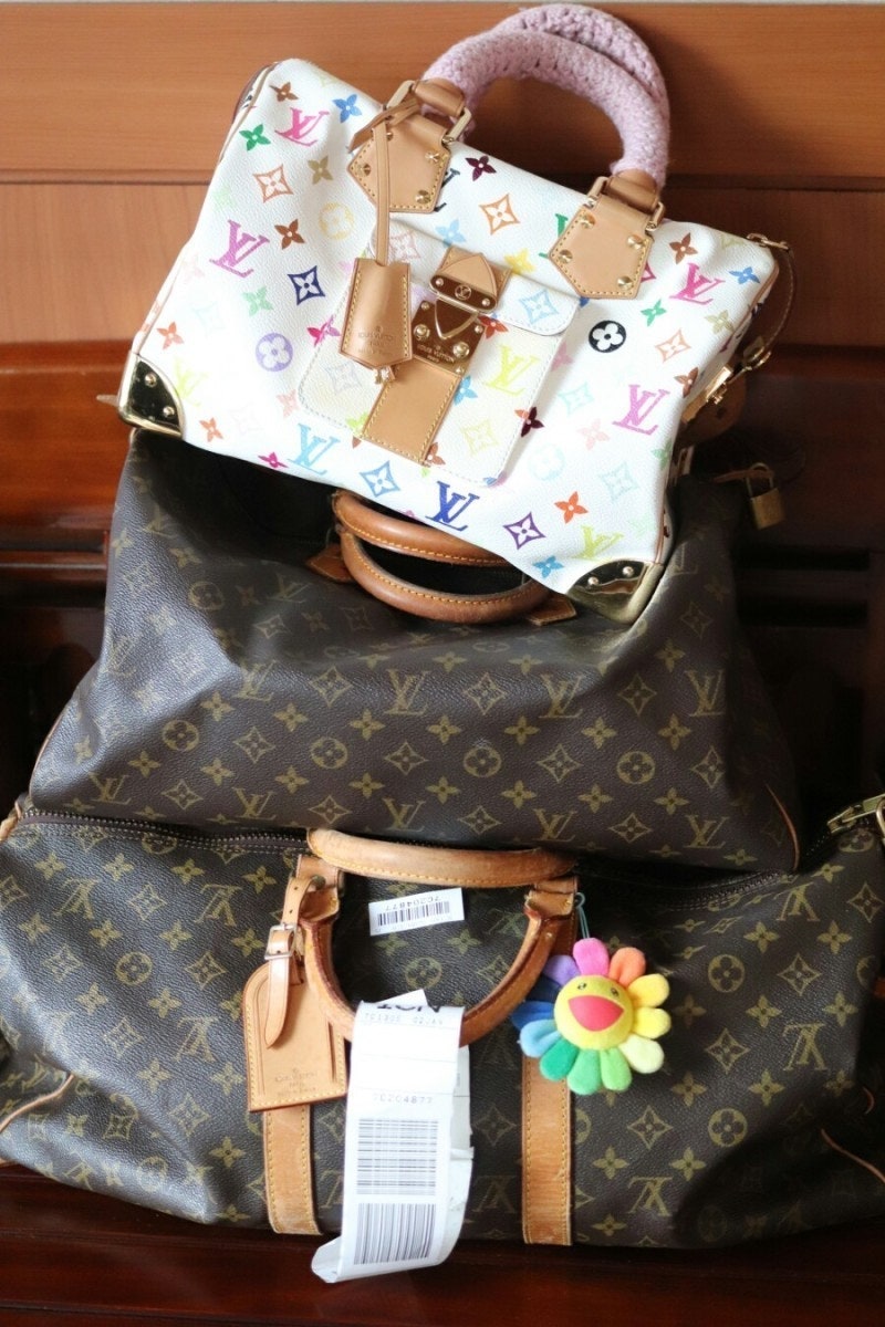 A comparison shot highlighting the material differences between a classic monogram Speedy and a canvas Speedy.