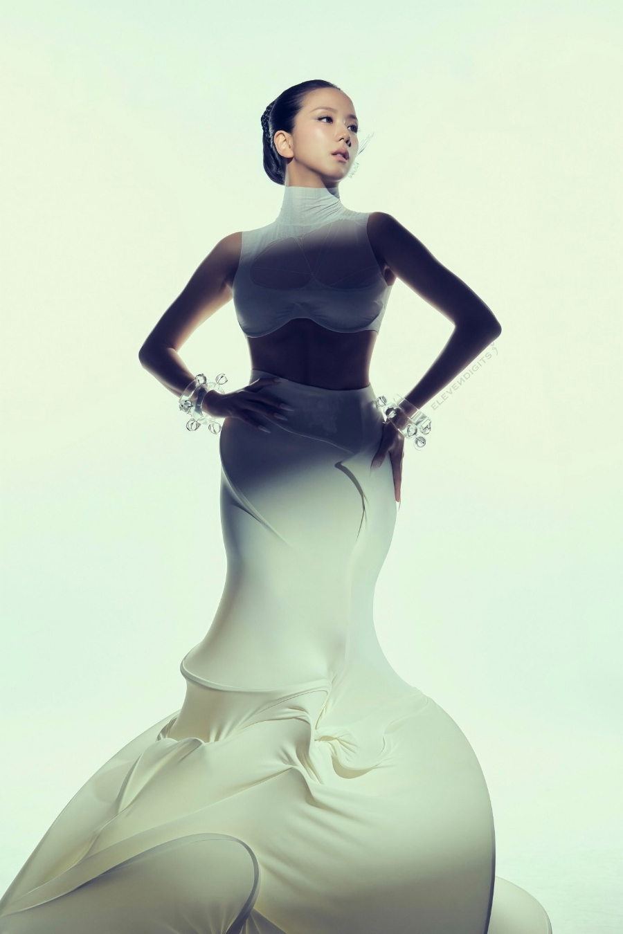 Detail shot of Rosé's white Armor Wedding Dress